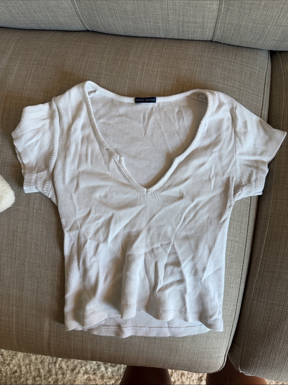 Brandy Melville White Ribbed V-Neck Tee